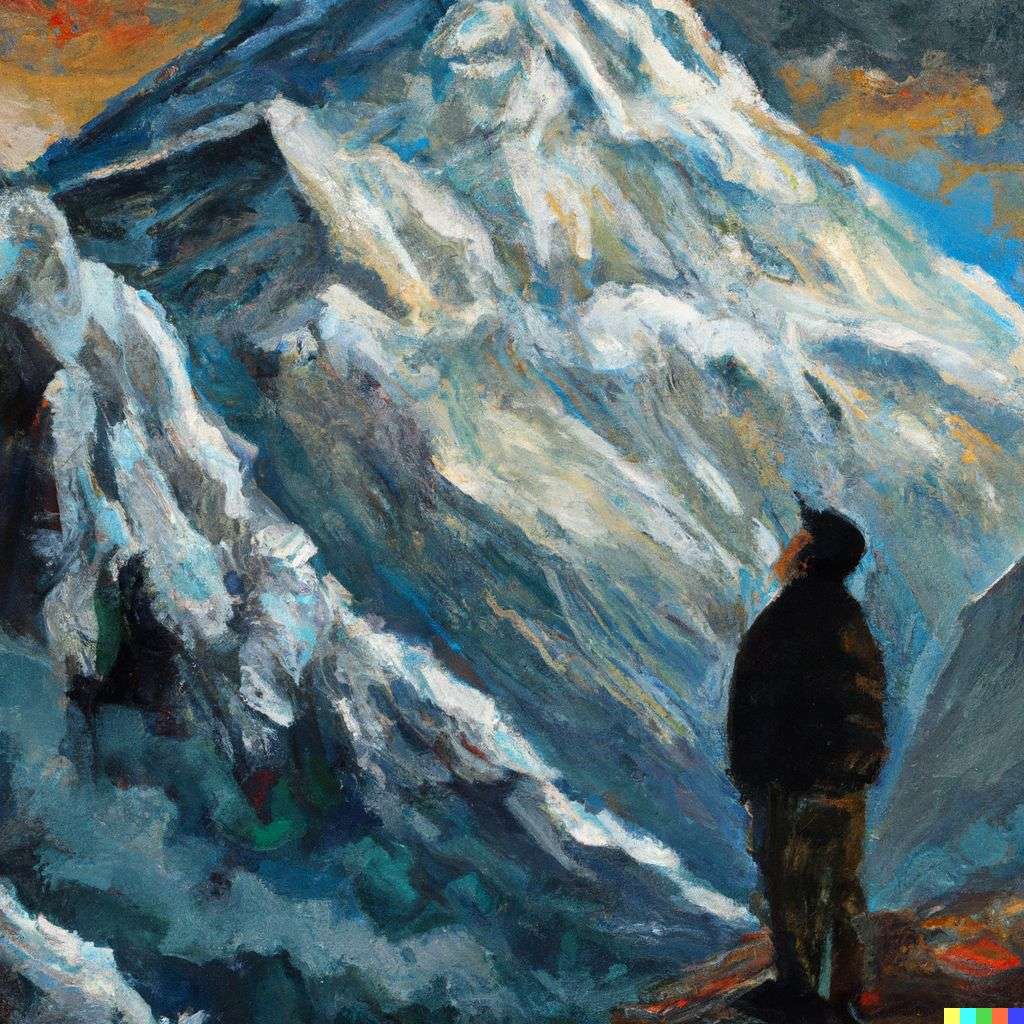 someone gazing at Mount Everest, oil painting
